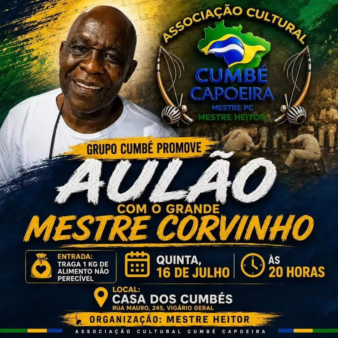 Cartaz da notícia Aulao com Mestre Corvinho - 16/07/2026